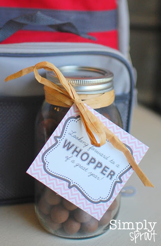 Teach Junkie: 31 creative back to school treats for students {printables} - Whopper of a year printable tag and whoppers candy treat Teach Junkie: 31 creative back to school treats for students {printables}